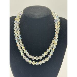 Vintage Clear Aurora Borealis AB Crystal Faceted Double Strand Necklace 13-16"
